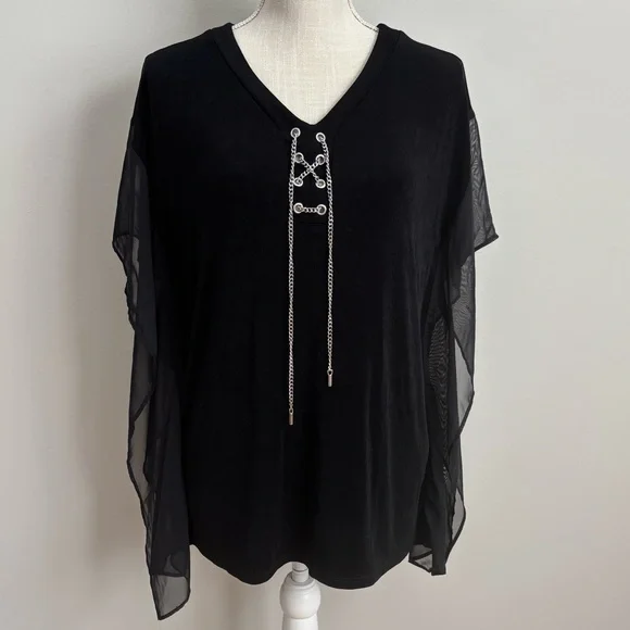 Chico's Travelers Classic Hardware Lace-Up Mesh V-Neck Top Black - Picture 1 of 8